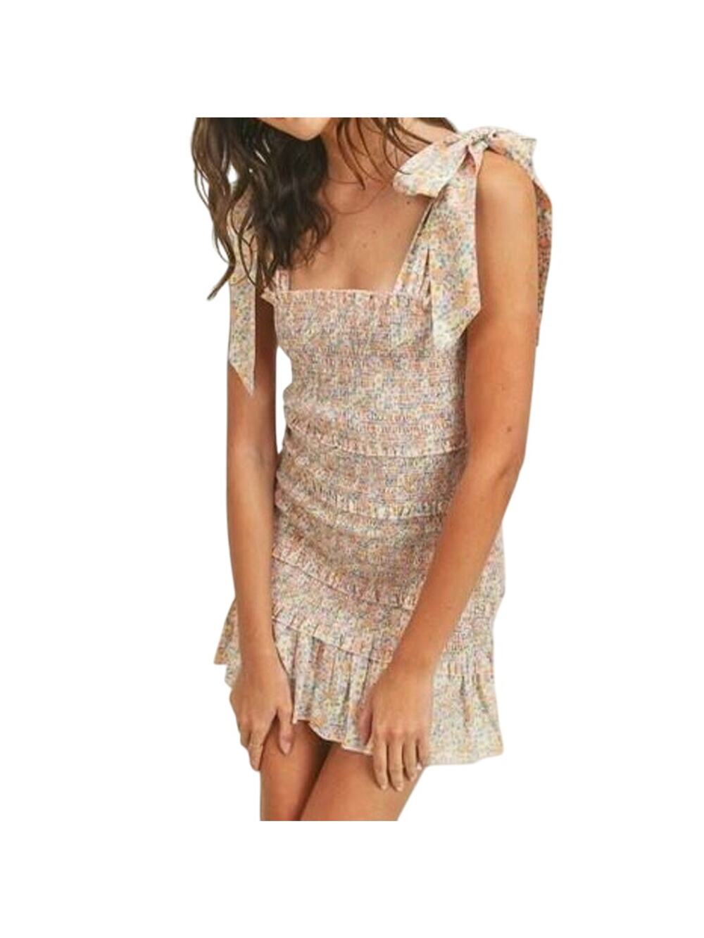 MABLE Pink Floral Smocked Bow Strap Ruffle Mini Dress Size Small